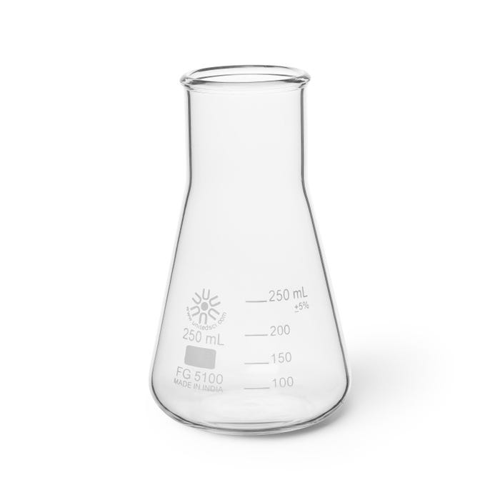 United Scientific Wide Mouth Erlenmeyer Flasks, Borosilicate Glass, 250 Milliliters, Pack of 12
