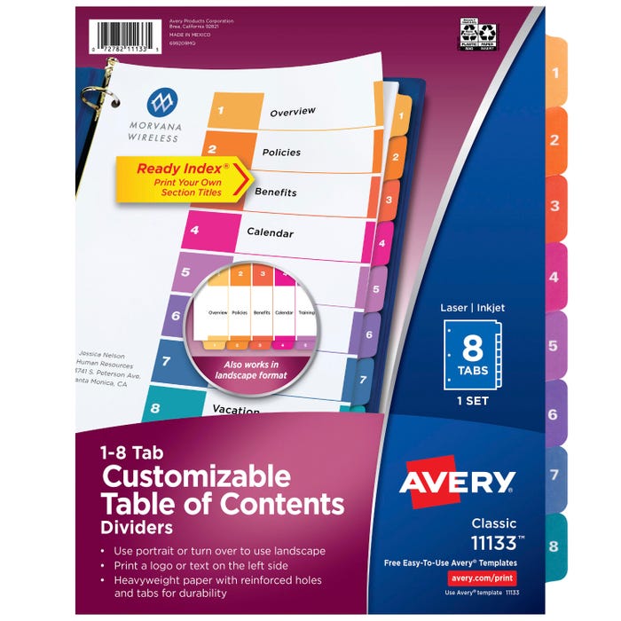 Avery Ready Index Dividers, 8 Tab, 1-8, Assorted Colors, 1 Set