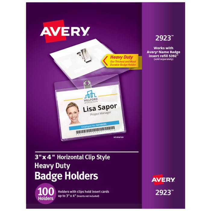 Avery Landscape Badge Holder with Clip Attachment, 3 x 4 Inches, Clear, Pack of 100