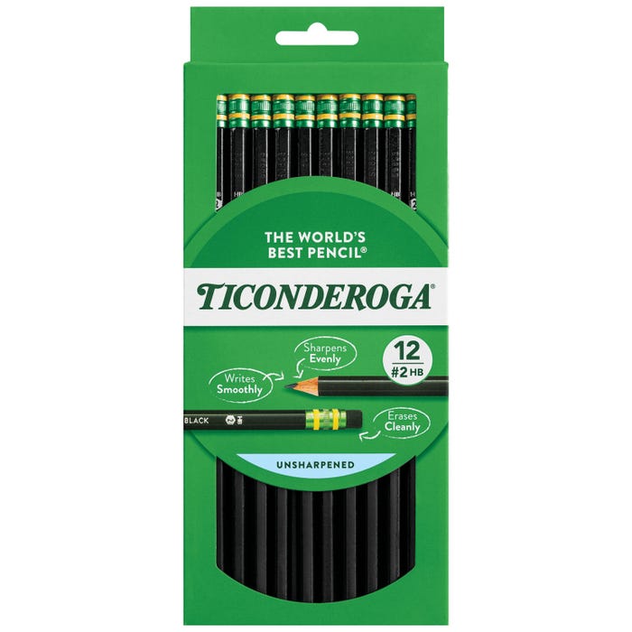 Ticonderoga Wood-Cased Pencils, No 2 HB, Unsharpened, Black, Pack of 12