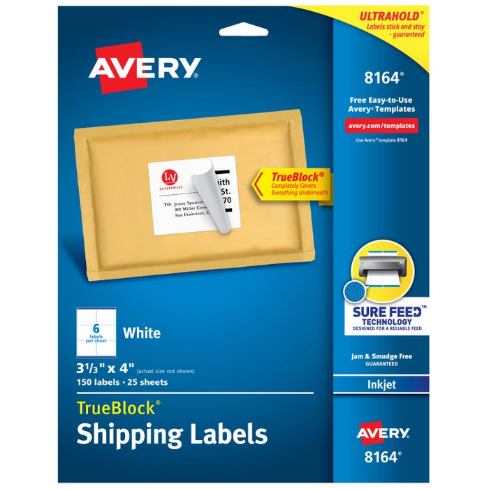Avery TrueBlock Shipping Labels, Inkjet, 3-1/3 x 4 Inches, White, Pack of 150