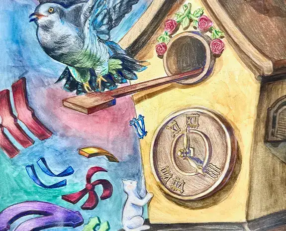 Colorful drawing of a blue bird emerging from a cuckoo clock where the numbers of the clock face are drifting away.