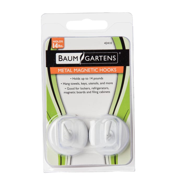 Baumgartens Magnetic Hook, 14 lb Capacity, White, Pack of 2