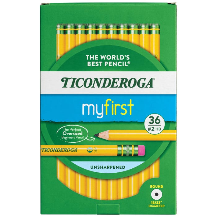 Ticonderoga My First Wood-Cased Pencils, No 2 HB, Unsharpened, Yellow, Pack of 36