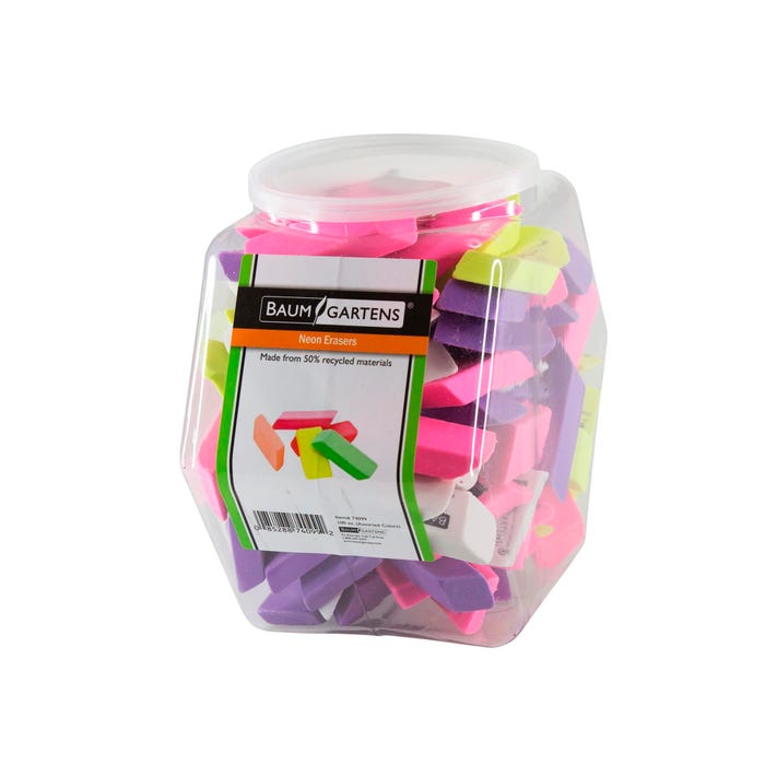 Baumgartens Pencil Erasers, Assorted Neon Colors, Pack of 100