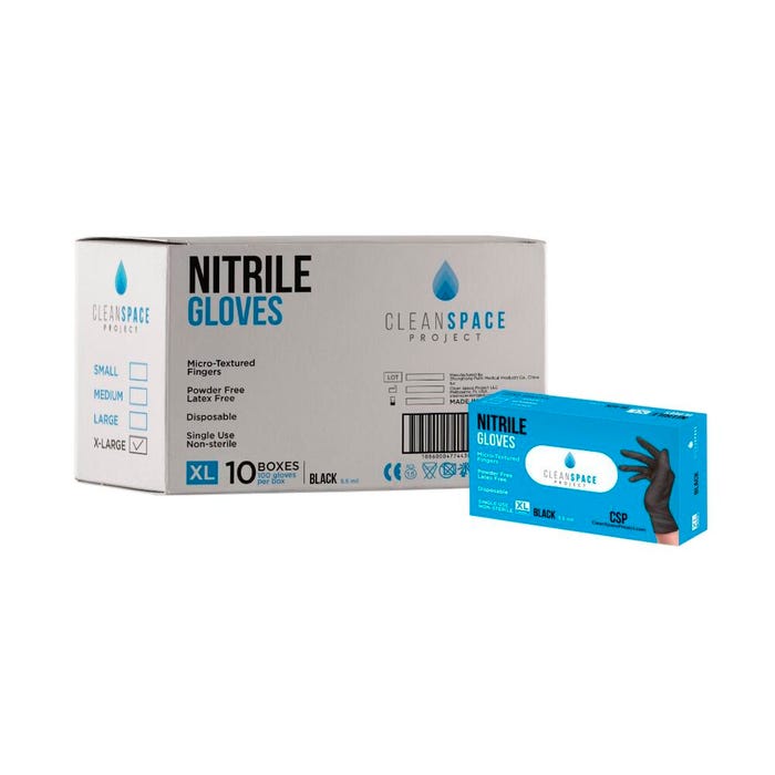 Clean Space Project Nitrile Gloves, XL, Black, 100 Pairs of Gloves