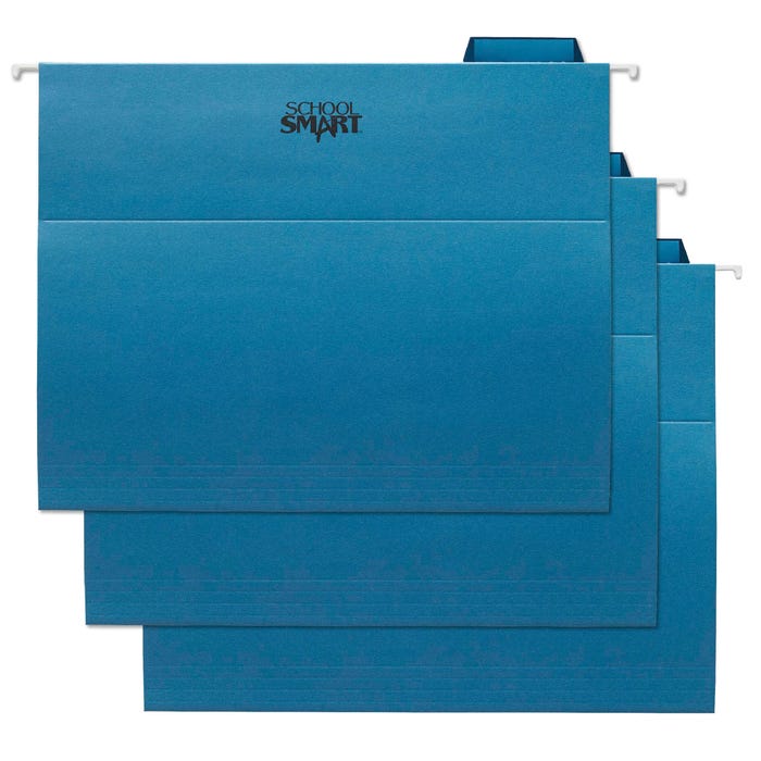 School Smart Hanging File Folders, Letter Size, 1/5 Cut Tabs, Blue, Pack of 25