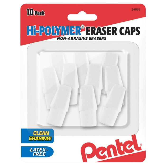 Pentel Hi-Polymer Eraser Caps, White, Pack of 10