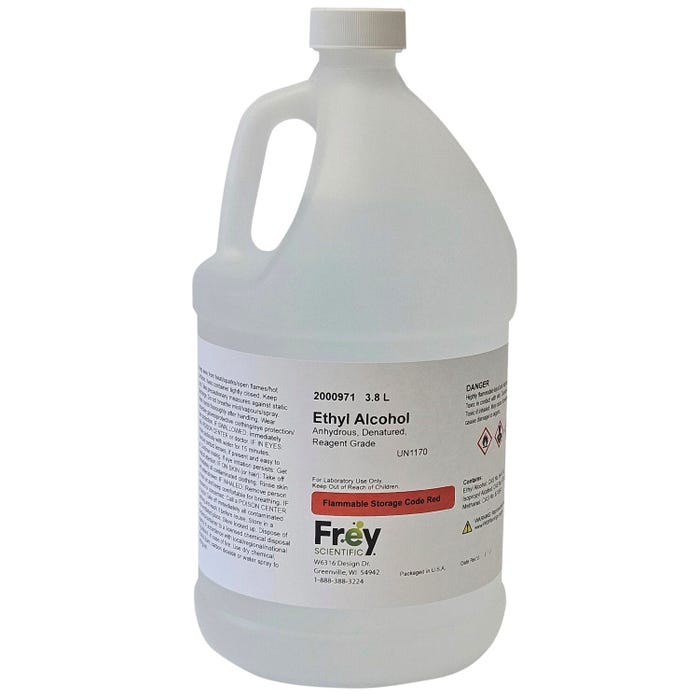 Frey Scientific Ethyl Alcohol, Anhydrous, Denatured, Reagent Grade, 3.8 Liter