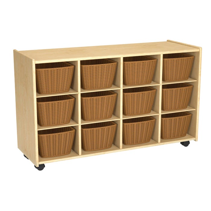 Childcraft Mobile Cubby Unit With Locking Casters, 12 Wicker Baskets, 38-5/16 x 14-1/4 x 24 Inches