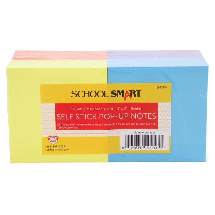 School Smart Pop-Up Self-Stick Adhesive Notes, 3 x 3 Inches, Assorted Bright Colors, 100 Sheets/Pad, Pack of 12