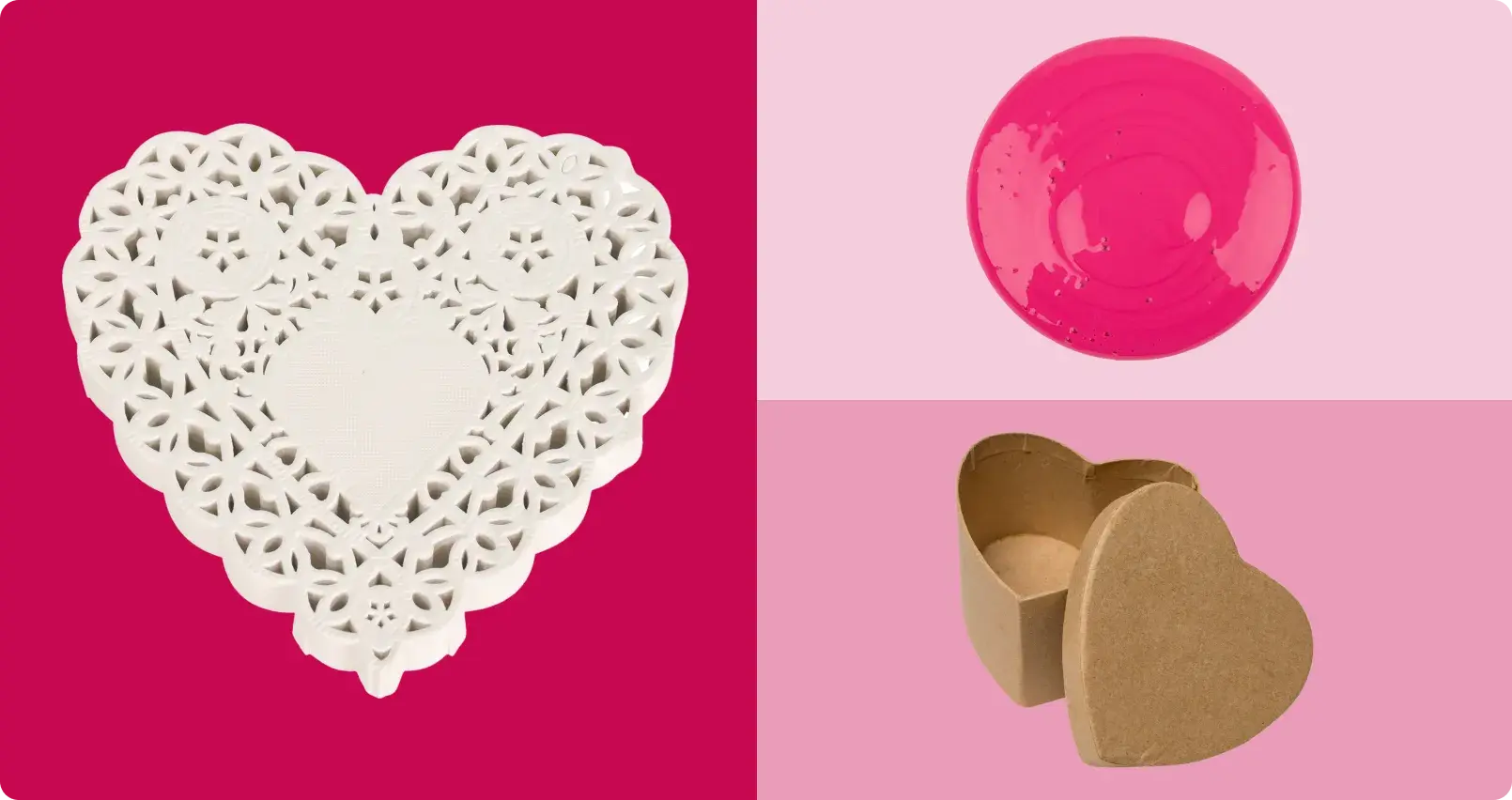 White decorative heart-shaped paper doily with intricate lace pattern, pink translucent bouncy ball, and brown heart-shaped cardboard gift boxes for Valentine's Day classroom crafts and activities