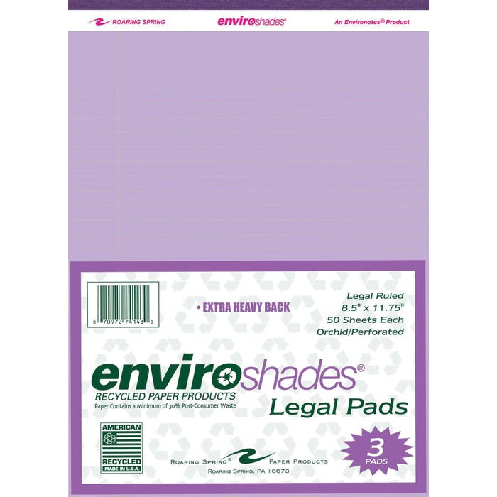 Enviroshades Legal Pads, 8-1/2 x 11-3/4 Inches, Orchid, 50 Sheets, Pack of 3