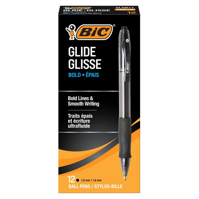BIC Glide Bold Retractable Ball Pens, 1.6mm, Black, Pack of 12