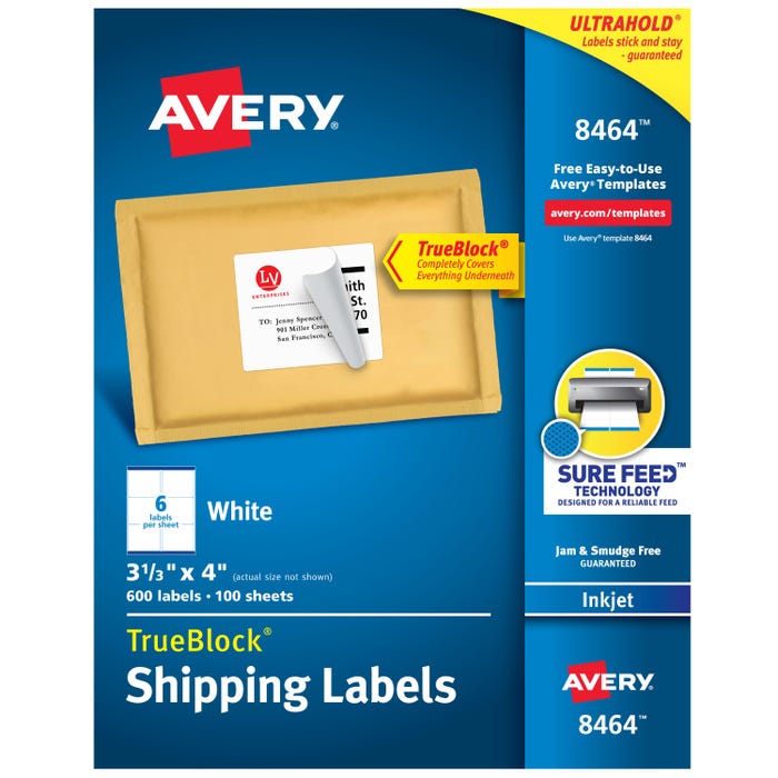 Avery TrueBlock Shipping Labels, Inkjet, 3-1/3 x 4 Inches, White, Pack of 600