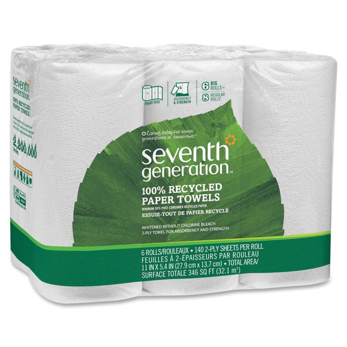 Seventh Generation Recycled Paper Towels, 140 Sheets, 2-Ply, Unscented, White, Pack of 6