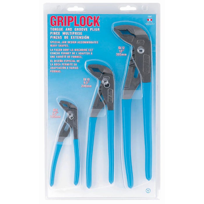 Channel Lock Griplock 3-Piece Tongue-and Groove Plier Set, Carbon Steel, Electronic Coated, Set of 3