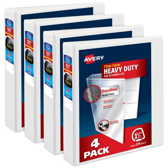 Avery Heavy-Duty View Binder, 1-1/2 Inch, Slant Ring, White, Pack of 4