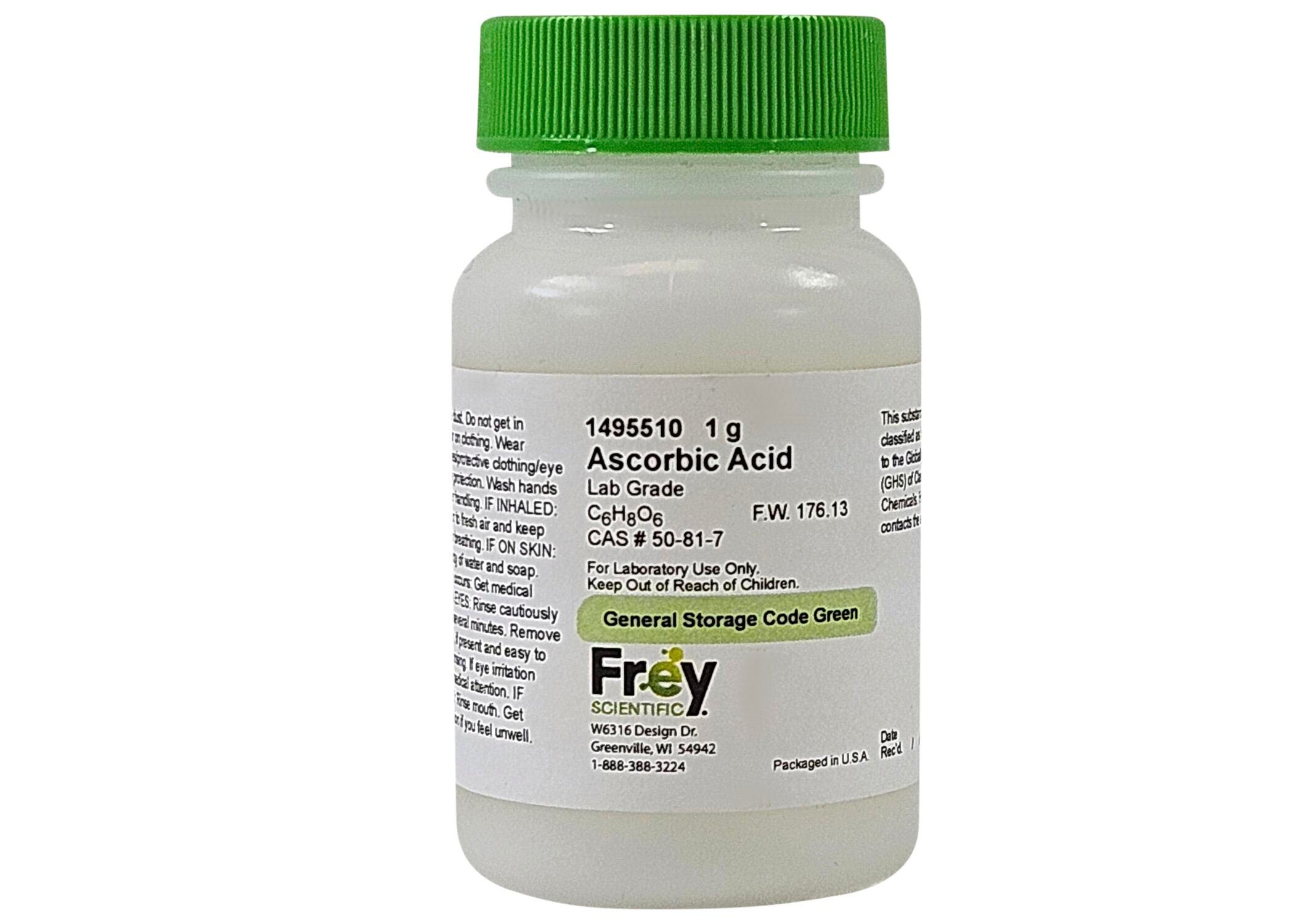Frey Scientific Ascorbic Acid, White, Powder/Crystals, Lab Grade, Item Number 1495510