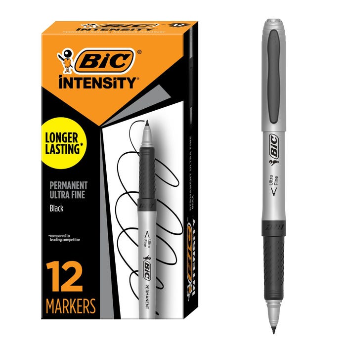 BIC Intensity Permanent Markers, Ultra Fine Tip, Black, Pack of 12