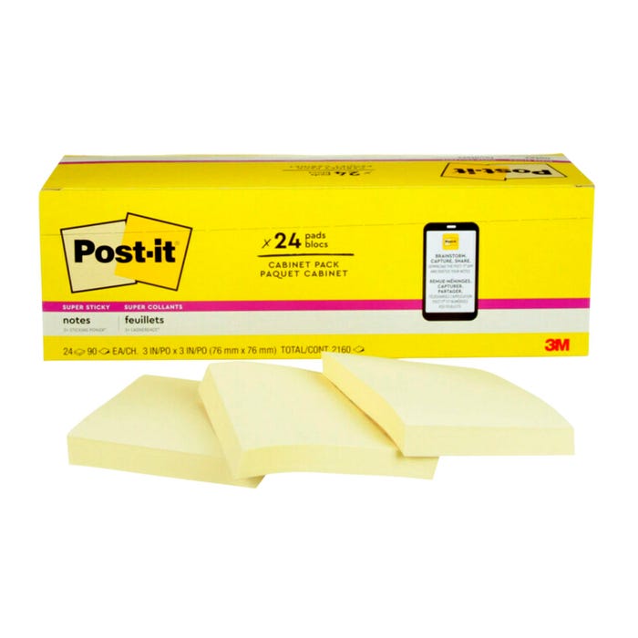 Post-it Super Sticky Notes Cabinet Pack, 3 x 3 Inches, Canary Yellow, Pad of 90 Sheets, Pack of 24
