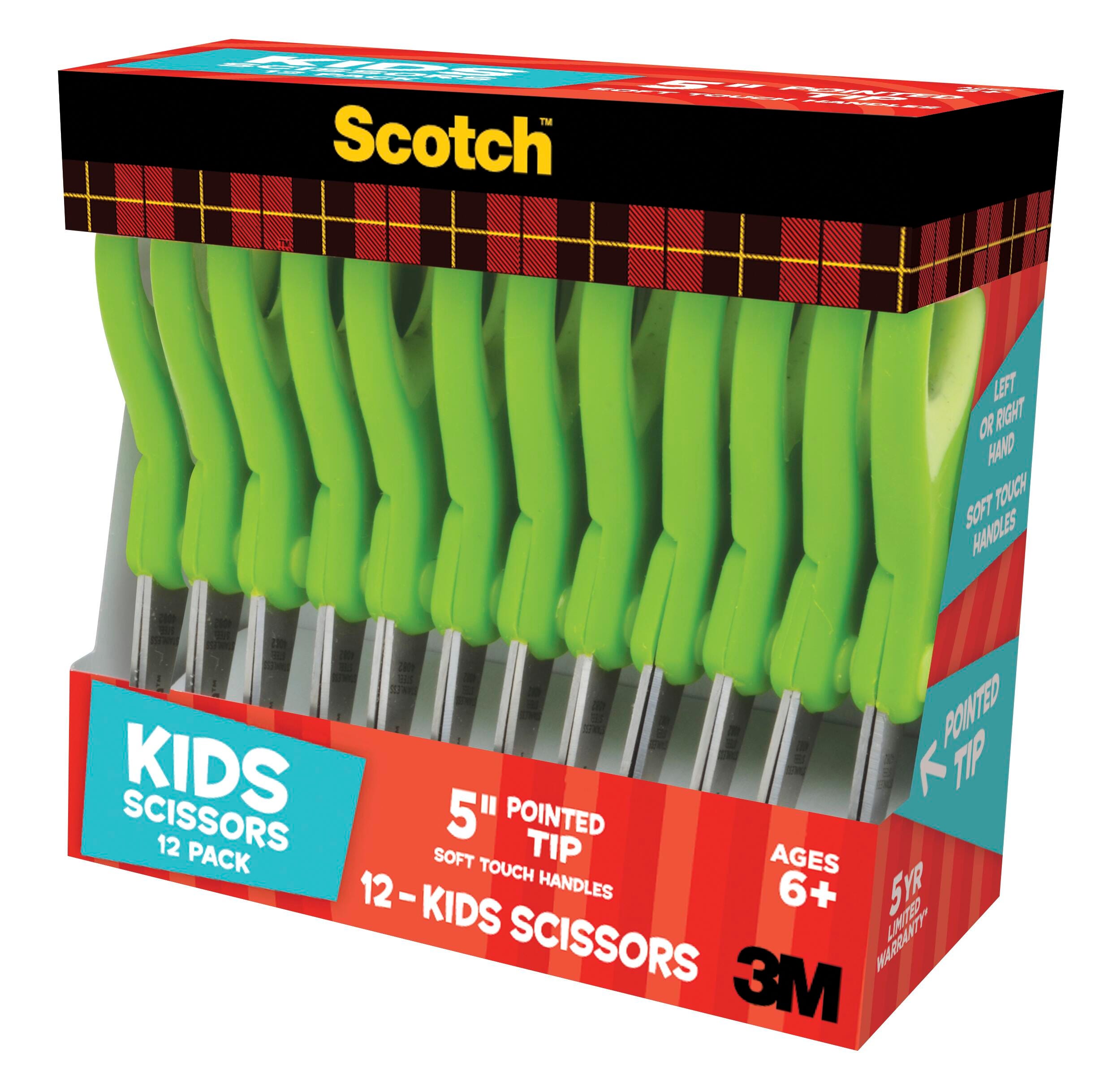 Scotch Soft Touch Pointed Kids Scissors, 5 Inches, Stainless Steel Blade, Pack of 12, Item Number 1494629