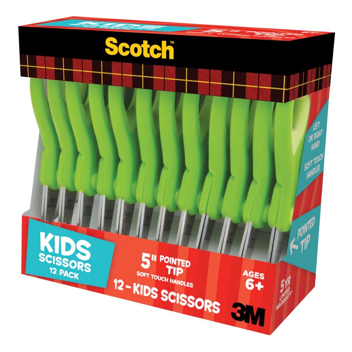 Scotch Soft Touch Pointed Kids Scissors, 5 Inches, Stainless Steel Blade, Pack of 12, Item Number 1494629