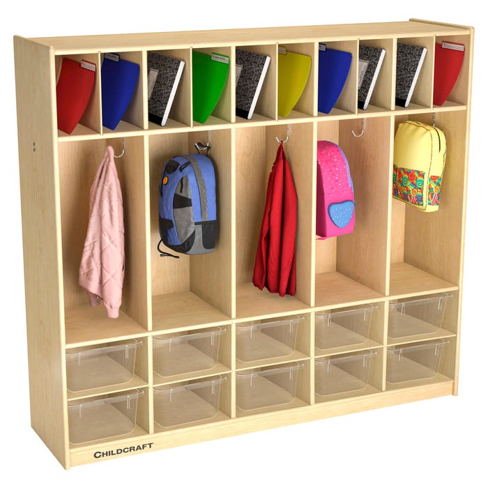 Childcraft Double-Bin Coat Locker with 10 Clear Bins, 53-3/4 x 14-1/4 x 48 Inches