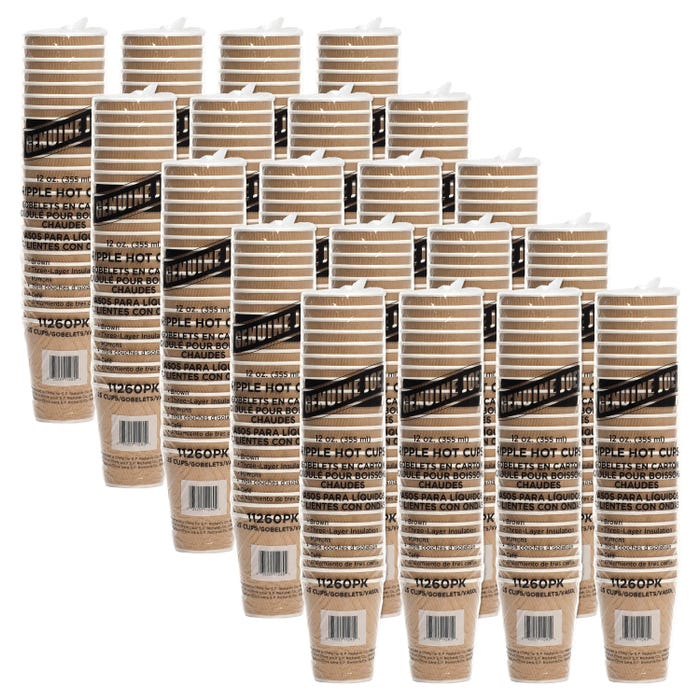 Genuine Joe Rippled Hot Cup, 12 oz, Brown, Pack of 25, Carton of 500