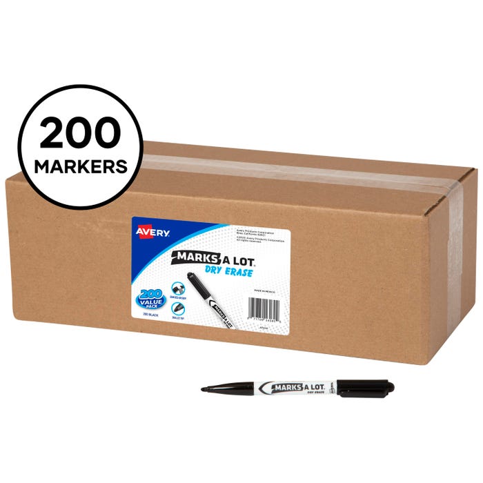 Avery Marks-A-Lot Low Odor Dry Erase Marker, Bullet Tip, Black, Pack of 200