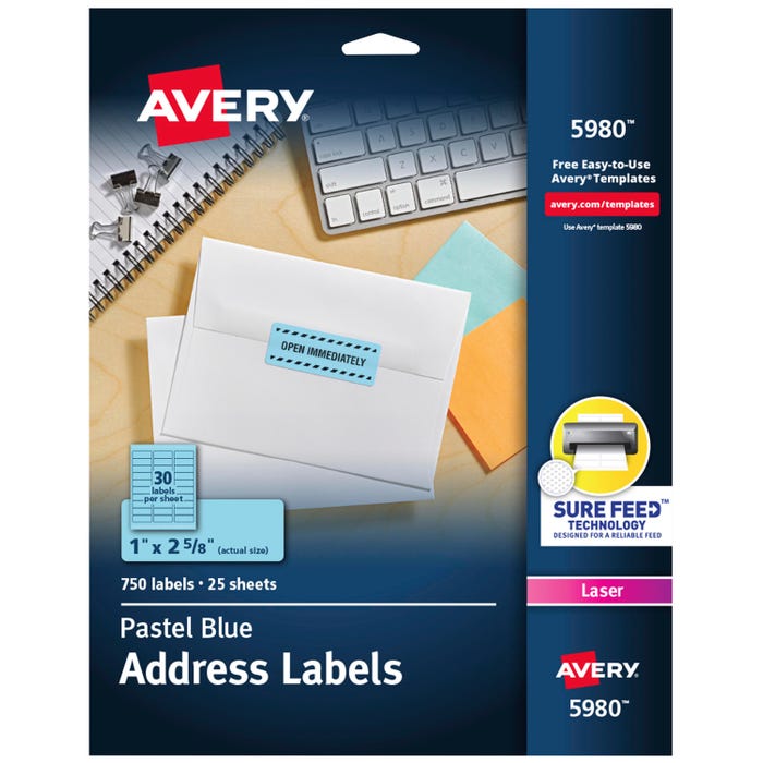 Avery Permanent Laser Labels, 1 x 2-5/8 Inches, Pastel Blue, Pack of 750
