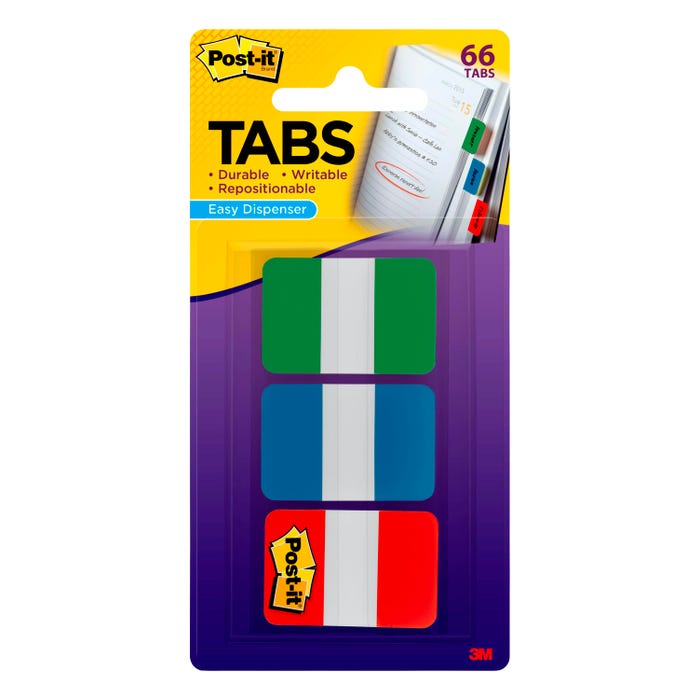Post-it Tabs, 1 x 1-1/2 Inches, Green, Blue, Red, 22 Tabs per colors, 66 Tabs