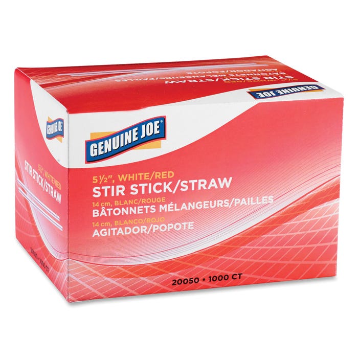 Genuine Joe Plastic Stir Sticks, Hot/Cold, 5-1/2 in, White/Red, Pack of 40 Boxes