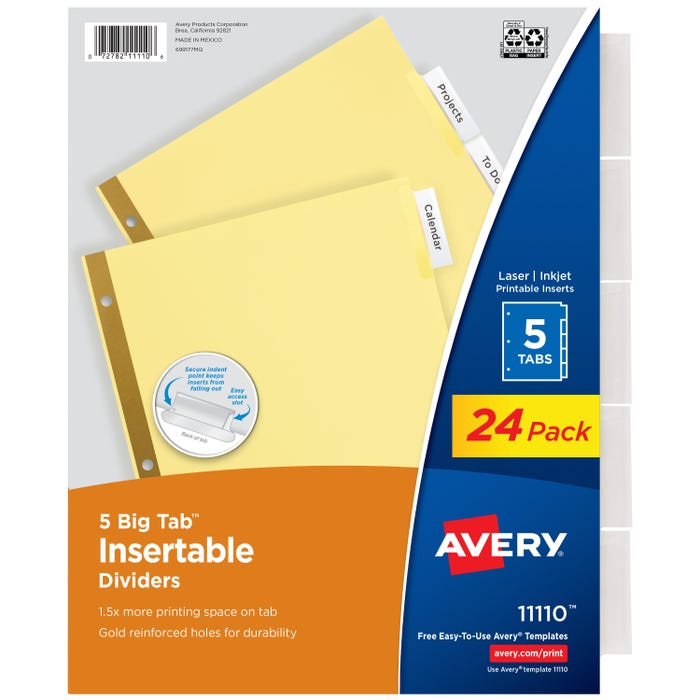 Avery Big Tab Insertable Dividers, 5 Tab, Buff/Clear, 24 Sets