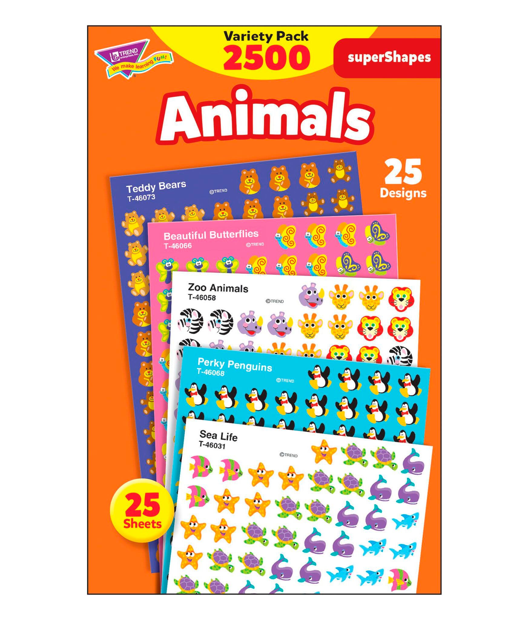 Trend Enterprises Super Shapes Animal Stickers, Incentive Variety Pack, 13/32 in, Pack of 2500 241934