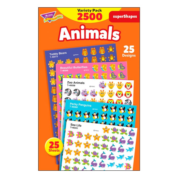 Trend Enterprises Super Shapes Animal Stickers, Incentive Variety Pack, 13/32 in, Pack of 2500