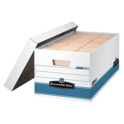 Bankers Box File Storage Box with Lid, Letter Size, 10 x 12 x 24 Inches, White/Blue, Pack of 4, Item Number 1327532