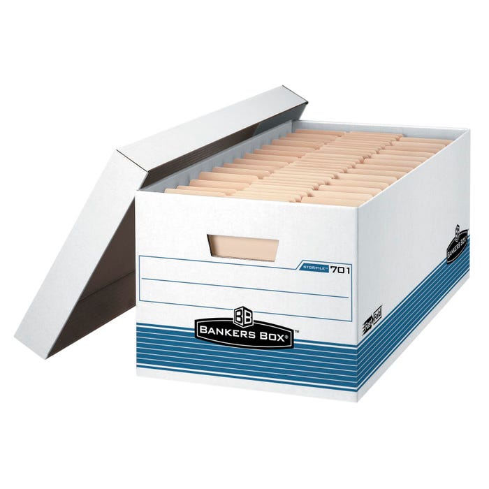 Bankers Box File Storage Box with Lid, Letter Size, 12 x 24 x 10 Inches, White/Blue, Pack of 4