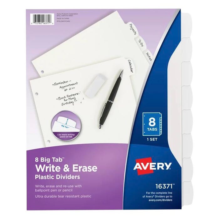 Avery Big Tab Write & Erase Dividers, 8 Tab, White