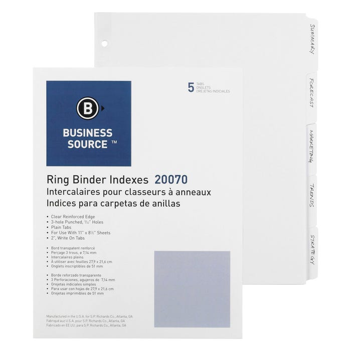 Business Source Plain Tab Indexes, 5 Tab, White, 100 Sets