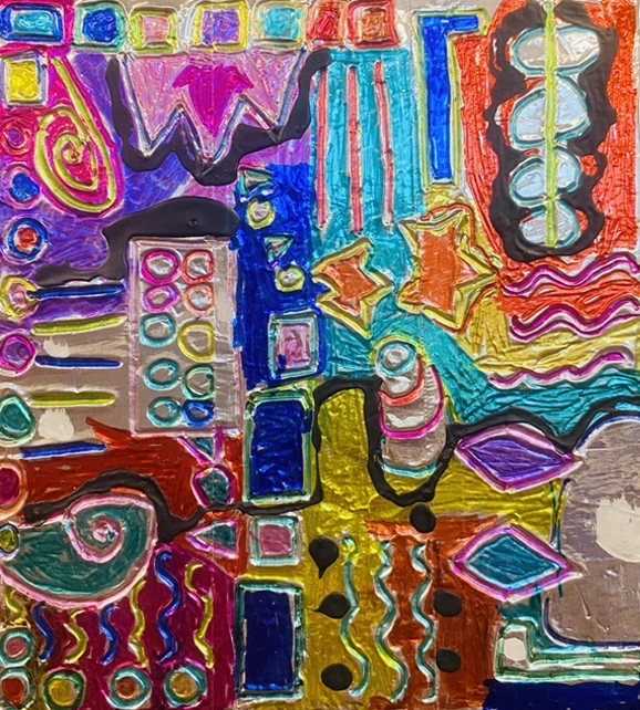 Abstract mixed media artwork with vibrant colors and shapes.