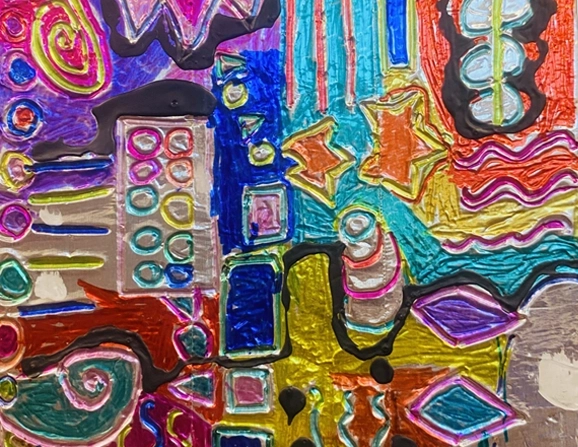 Abstract mixed media artwork with vibrant colors and shapes.