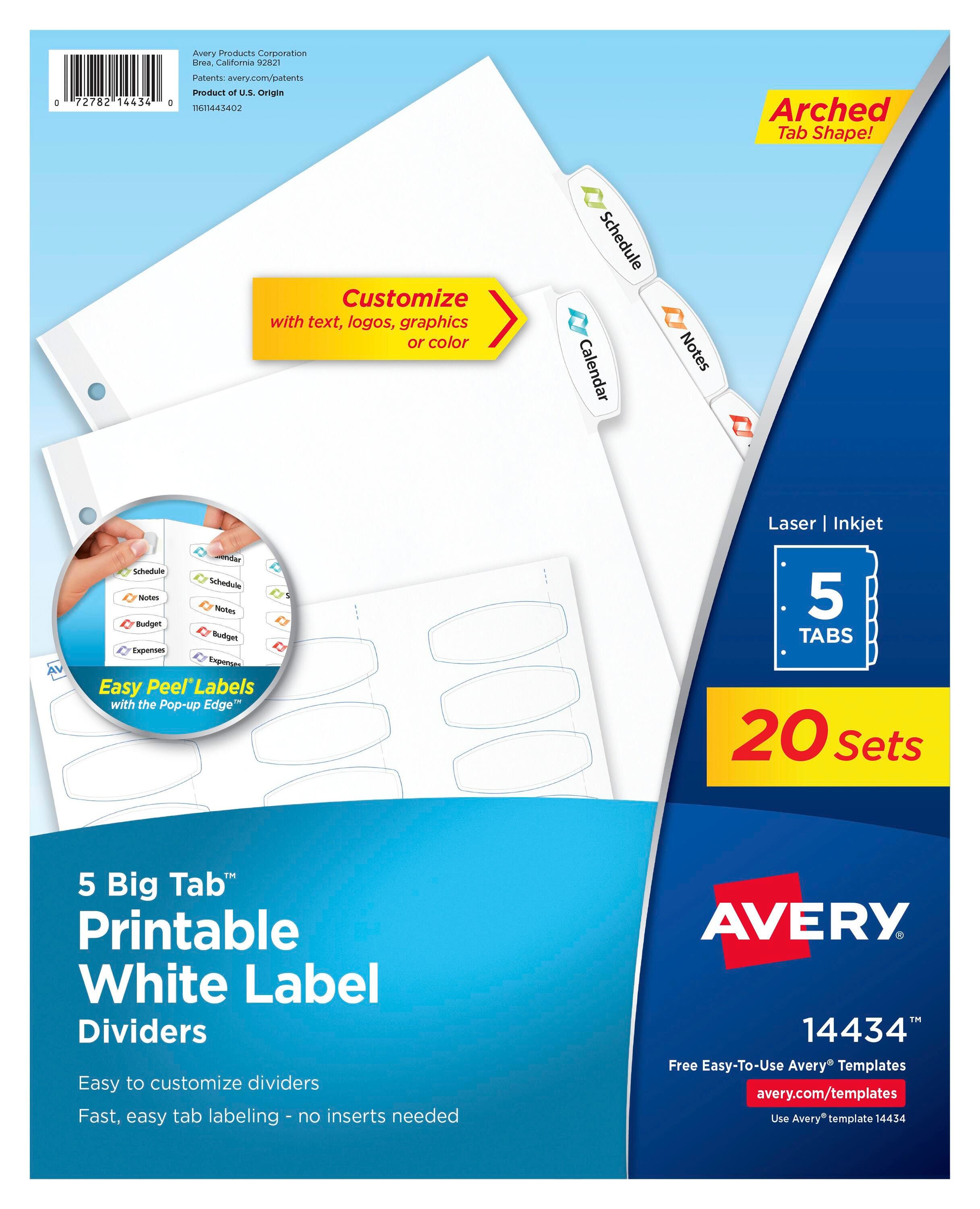 Avery Easy Peel Label Tab Dividers, 5 Tab, White, 20 Sets 1575535
