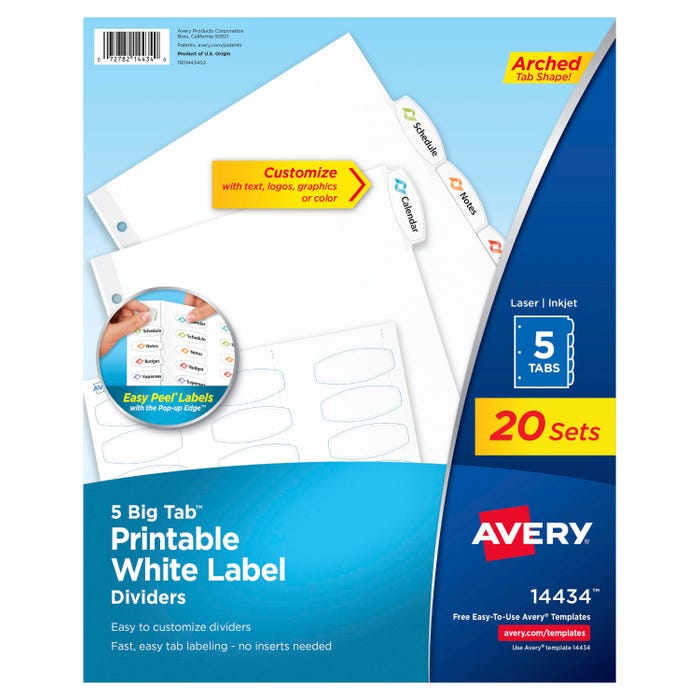 Avery Easy Peel Label Tab Dividers, 5 Tab, White, 20 Sets