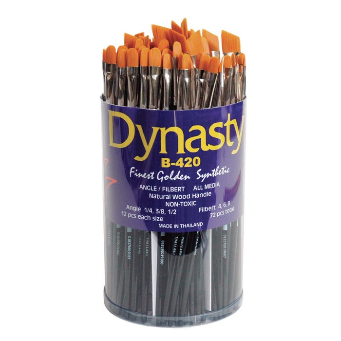 Dynasty B-420 Finest Golden Synthetic Classroom Cylinders, Angles & Filbert Types, Short Handle, Assorted Sizes, Set of 72
