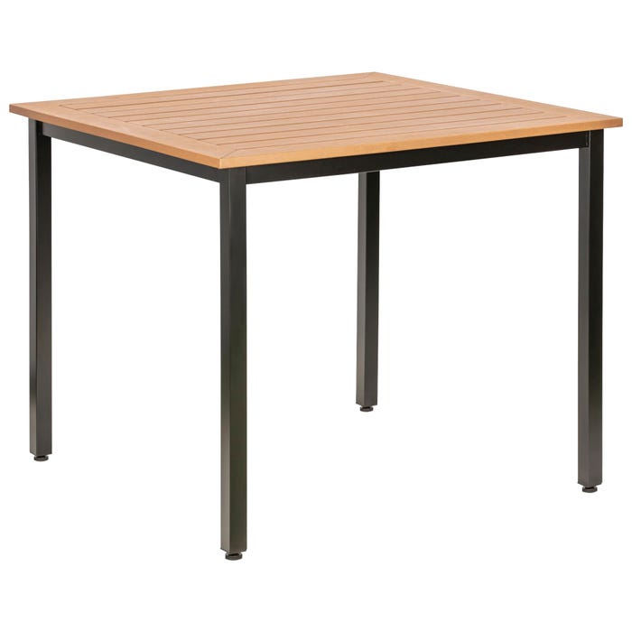 Lorell Teak Outdoor Table -- Table, Outdoor, Faux Wood, 36-5/8 x 36-5/8 x 30-3/4 Inches. Teak/Black.