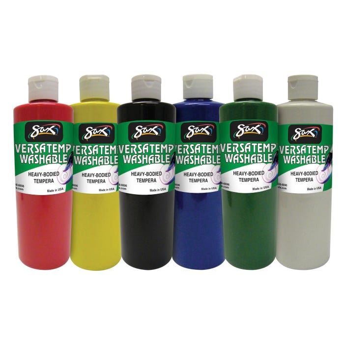 Sax Versatemp Washable Heavy-Bodied Tempera Paint, 1 Pint Bottles, Assorted Colors, Set of 6