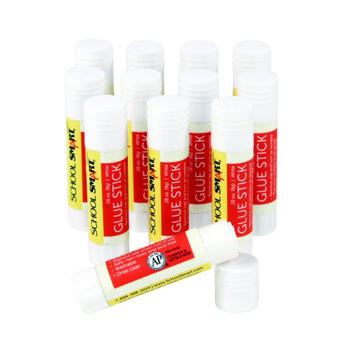 School Smart Glue Sticks, 0.28 Ounces, White and Dries Clear, Pack of 12
