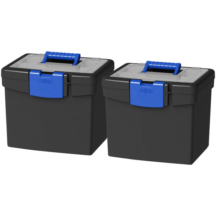 Storex File Storage Box with XL Storage Lid, 10-7/8 x 13-1/4 x 11 Inches, Black/Blue, Pack of 2