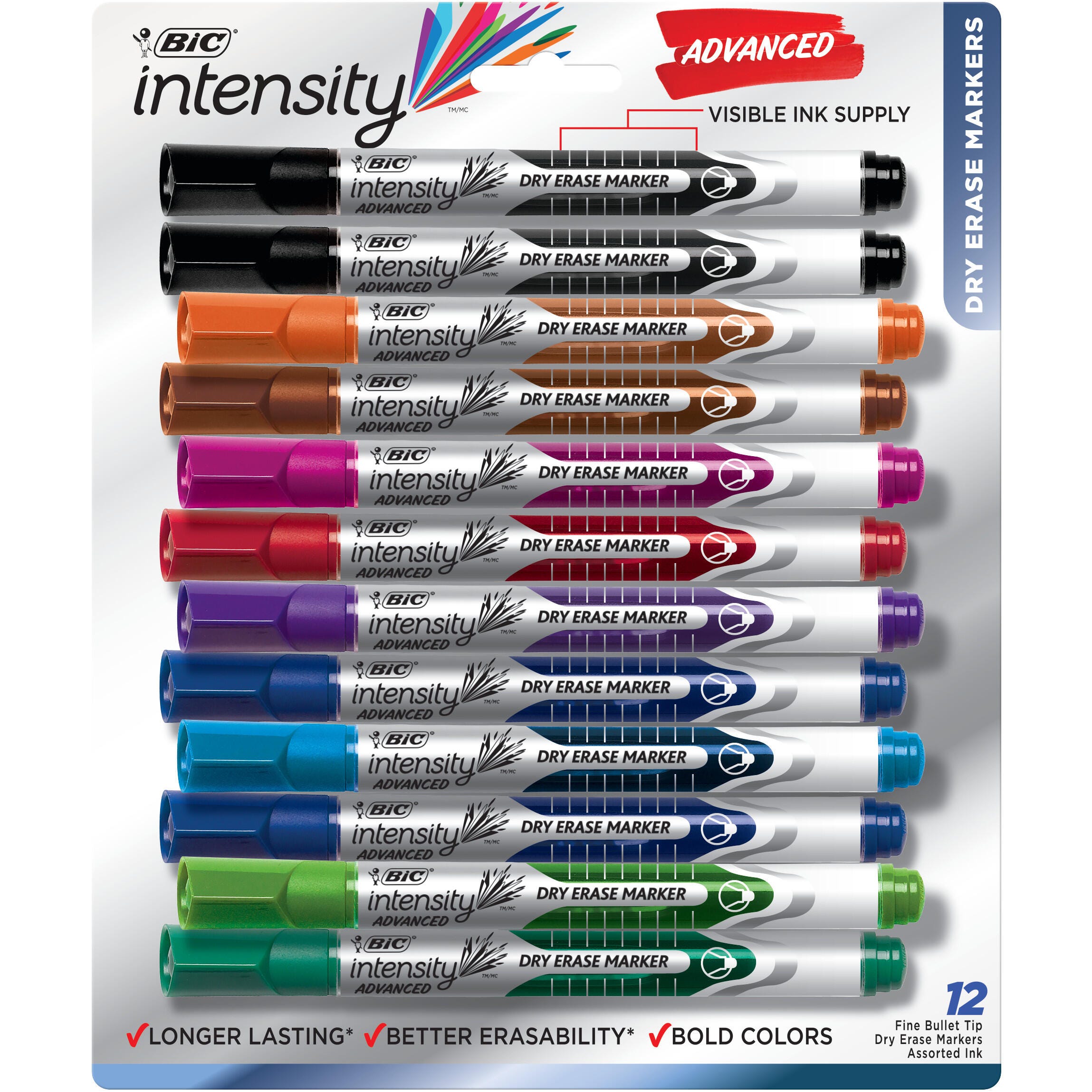 BIC Intensity Advanced Dry Erase Markers, Fine Bullet Tip, Assorted Colors, Set of 12 1532709